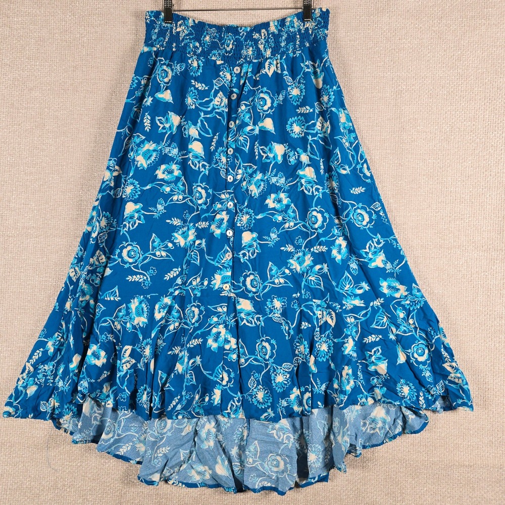 Passport Susan Graver Blue Floral Smocked Waist Button High Lowโ Ruffle Skirt L